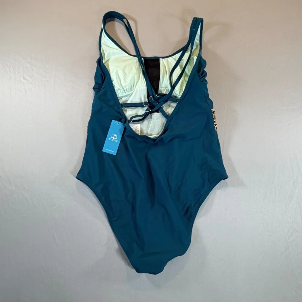 Cupshe Teal‎ Blue One Piece Swimsuit Mesh Plunge Gold Belt Tummy Contouring NEW